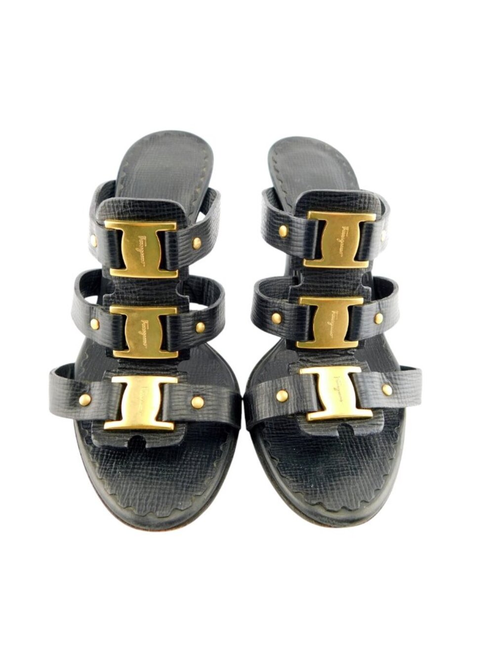 FERRAGAMO Triple Logo Buckle Black Leather Slide Heel Sandals  6